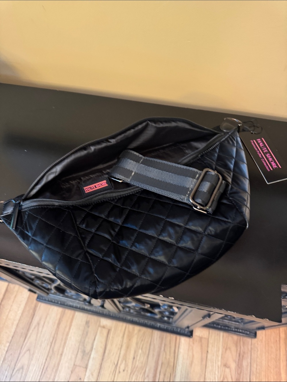 Betsey Johnson Quilted Black Sling Belt Bag with Striped Strap